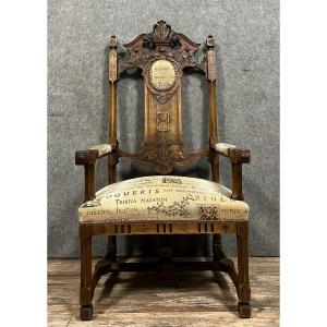 Large Renaissance Style Office Armchair In Carved Wood 