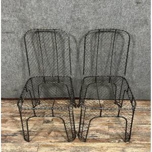 Rare Pair Of Industrial Design Chairs In Woven Iron 