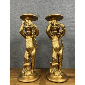Pair Of Vintage Putti In Gilded Wood Columns
