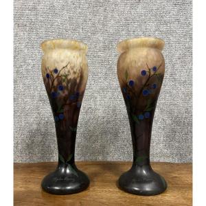 Paire De Vases De Paul Daum époque Art Nouveau Gravés "mado-nancy" 