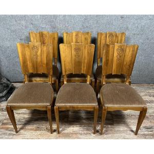 Series Of 6 Art Deco Period Chairs In Walnut With Fan Backs Circa 1930