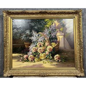  Louis Lartigau - French School From The End Of The 19th Century: Basket Of Flowers Placed In A Park  