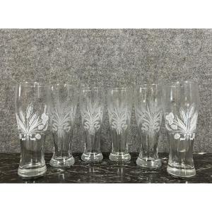 Large Vintage Crystal Beer Glasses Engraved With Wheat And Fruit Design