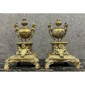 Pair Of Renaissance Style Cassolette Candlestick Bases In Gilt Bronze