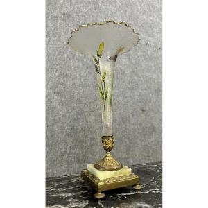  Vase Soliflore / Tulipier En Verre émaillé, Marbre Et Bronze Doré 