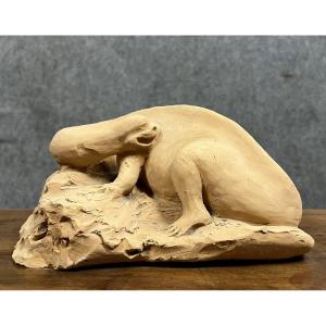 Modernist Terracotta Sculpture Depicting A Prehistoric Animal