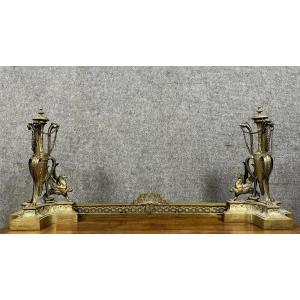 Monumental Bar Of Andirons In Gilt Bronze With Griffons  