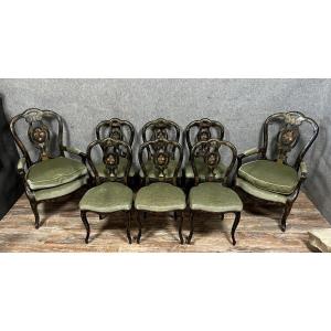 Important Napoleon III Period Living Room Set In Black Lacquered Wood With Rich Floral Decor 