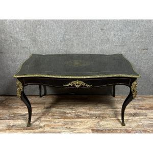 Napoleon III Period “boule” Center Desk In Blackened Wood And Golden Brass Marquetry