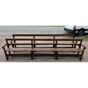 Monumental Pair Of Church Benches With Arms And Backs In Solid Wood / 320 Cm