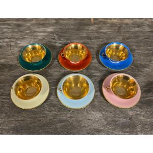 Limoges France : Service De 6 Tasses En Porcelaine De Couleur A Fond Or