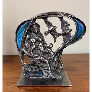 Del Campo Groupe Félix Italie 1986: Sculpture Symboliste En Bronze Argenté Et émail Turquoise  