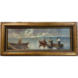 Tableau Huile Sur Panneau / Les Pecheurs 
