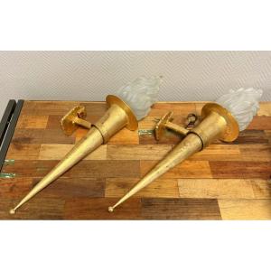 Pair Of Large Medieval Style Torchiere Lamps In Gilded Metal 