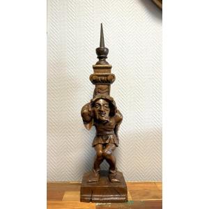  Carved Wooden Candlestick Depicting A Grotesque Character 