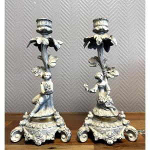 Pair Of Lacquered Bronze Candlesticks 