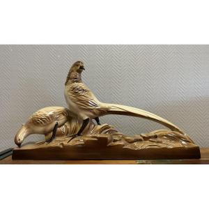 Pair Of Art Deco Golden Pheasants In Gradient Brown Glazed Ceramic  