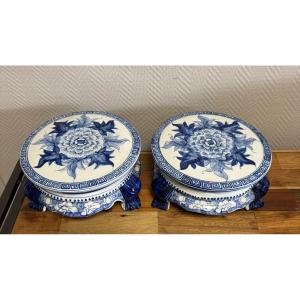 Chine XXeme : Paire De Terrasses En Porcelaine Pour Potiches Ou Caches Pots 