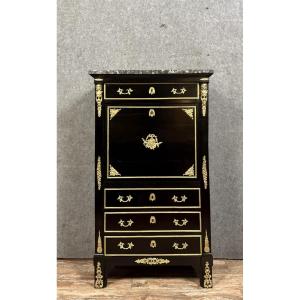 Boulle Style Secretary In Black Lacquered Wood And Gilded Bronze 