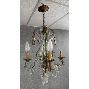 Venetian Chandelier With Tassels In Gold And Lacquered Metal 