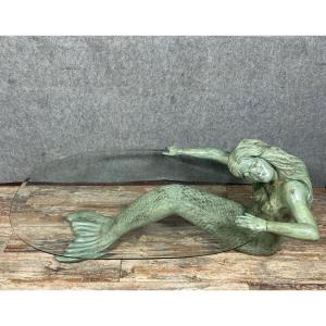 Table basse a la sirene en bronze a patine verte 