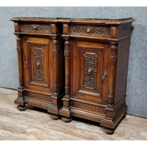 Pair Of Renaissance Style Bedside Tables In Carved Walnut 