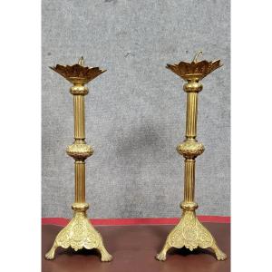 Pair Of Very Large Empire Period Candlesticks In Gilded Bronze