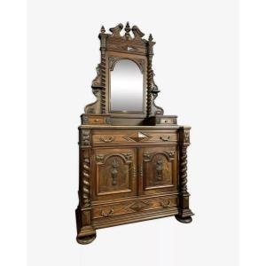 Buffet a miroir psyché de pavillon de chasse style Renaissance en noyer massif