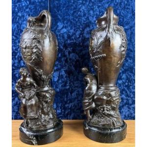 François Moreau : paire de vases en régule patiné époque XIXème
