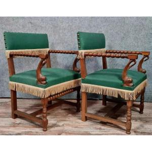 Paire de fauteuils aux Dauphins style Renaissance en chêne massif vers 1850