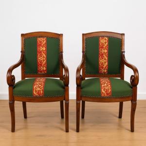 Pair Of Empire Restoration Period Armchairs In Mahogany With Small Dot Tapestry