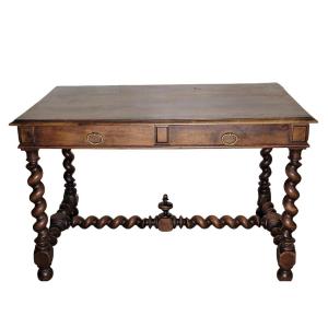 Bureau de centre style Louis XIII en noyer massif 1850