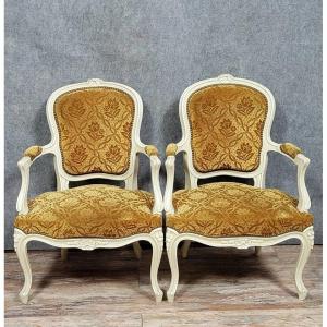 Pair Of Louis XV Style Cabriolet Armchairs In Lacquered Wood, 19th Century