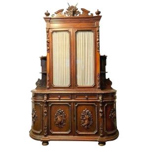 Renaissance Style Castle Library In Walnut, Half-moon Shape 