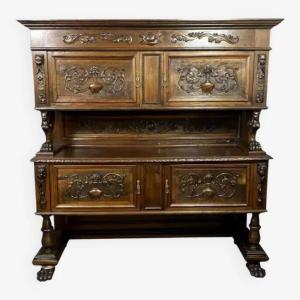 Important Renaissance Style Hunting Lodge Sideboard In Fully Carved Wood 