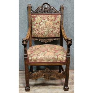Fauteuil de bureau style Renaissance en noyer sculpté époque XIXeme 