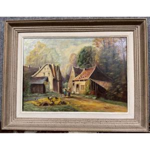 P. Guivalot : Tableau huile sur toile paysage rural animé signé et daté 1956