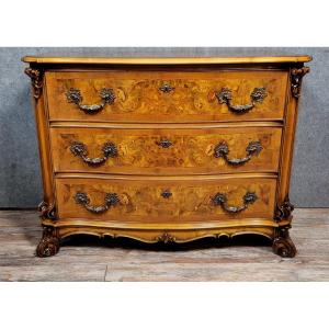Commode galbée Italienne style Baroque en marquéterie de loupe