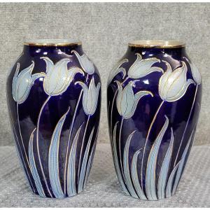 Alsace Stoneware: Pair Of Tulip Vases Signed Hubert Krumeich-remmy-betschdorf    