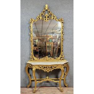 Grande console Venitienne + miroir  style Louis XV baroque en bois doré 