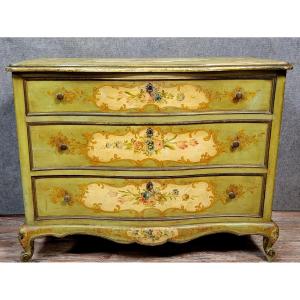 Commode Venitienne galbée style Louis XV baroque en bois laqué et peint 