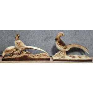 2 groupes de sculptures de faisans en céramique émaillées époque Art Déco   