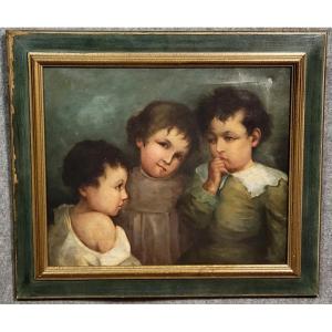 Grande Huile sur toile époque 1900-1920 : les trois enfants  