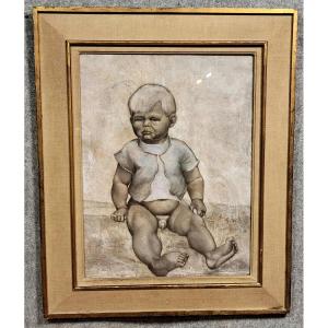 Grand Tableau Huile sur Toile milieu XXeme : le bébé potelé  