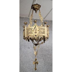 Très important lustre religieux style néo gothique en bronze et laiton doré  / h135 cm