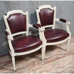 Pair Of Louis XVI Style Cabriolet Armchairs In Painted Wood (b)