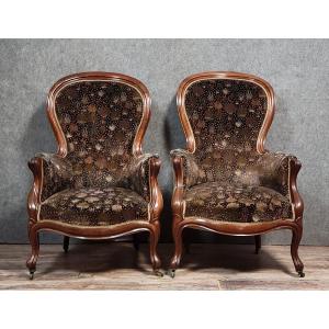 Pair Of Antique Louis Philippe Period Walnut Armchairs 