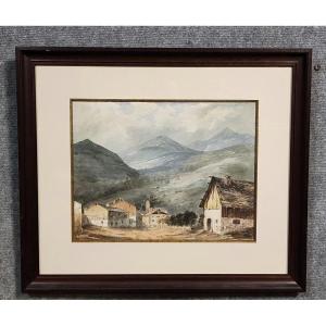aquarelle époque fin XIXeme représentant un paisible village de montagne