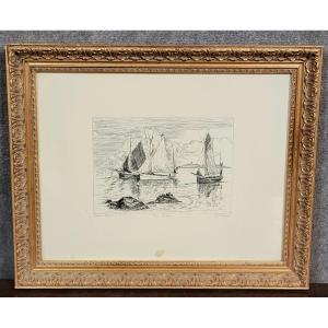 J Thomas: Black And White Engraving Depicting Boats At Sea  
