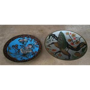 Asia Circa 1900: Two Cloisonné Plates In Enameled Brass, Decorated With Birds On Branches
